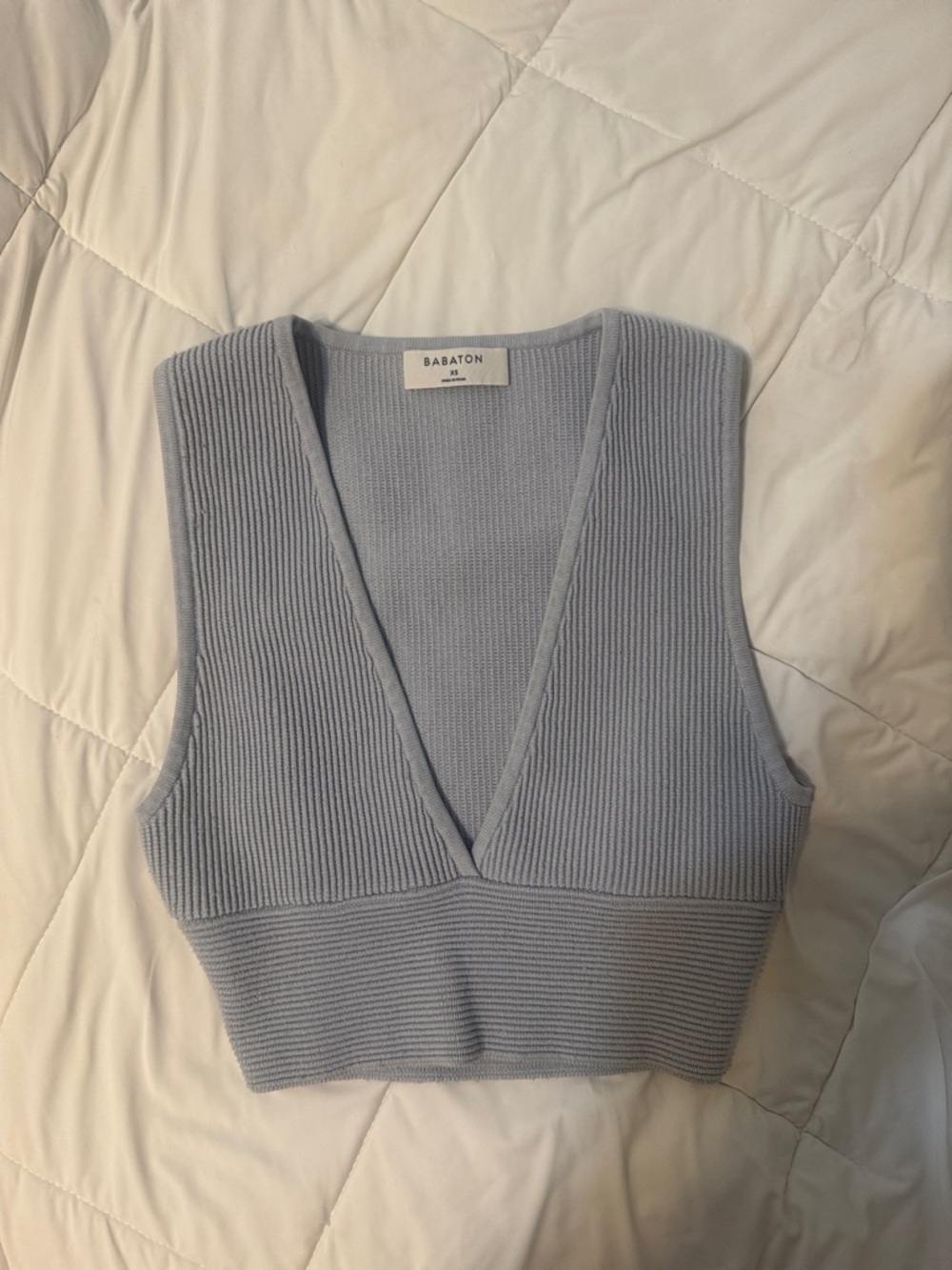 Babaton Light Blue Ribbed Knit V-Neck Tank